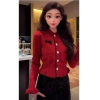 ราคา เสื้อหนาวกันหนาว เสื้อฟลีซ Ancola สีแดงฤดูใบไม้ร่วงใหม่เสื้อไหมพรมโบว์สีแดงฤดูใบไม้ร่วงและฤดูหนาวเสื้อไหมพรมแขนยาวทรงสั้นทรงเข้ารูป (56304152604)