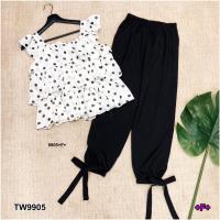 ราคา MM9905 Set เสื้อชีฟองสายระบาย ลายจุด งานสวยเก๋มาพร้อมกางเกงขายาวผ้าซาร่าสีดำ ปลายขากางเกงผุกโบว์ รอบ (24429338072)