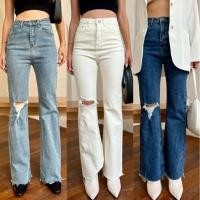 ราคา Promthong jeans กางเกงยีนส์เอวสูง ผ้ายืด ดีเทลขาม้าแต่งขาดเข่า (12358676968)