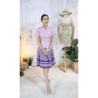 ราคา เดรสผ้าไทย ชุดผ้าไทย ชุดทำงาน เดรสลายไทย เดรสลายไทย สีม่วง ทรงทวิต (8321828872)