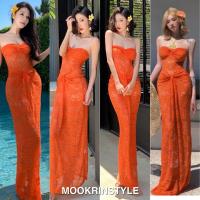 ราคา Mookrinstyle เดรสลูกไม้ สีส้ม ทรงเกาะอกกระโปรงยาวรัดรูป Sexy orange maxidress (25907024886)