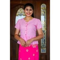 ราคา เสื้อลูกไม้ไทย เสื้อลูกไม้ปักลาย ชุดสุภาพสีชมพู แขนสั้น ชายระบาย คอวี (3147652994)