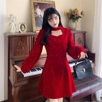ราคา เดรสกระโปรงแขนยาว ผ้ากำมะหยี่ สีแดง ชุดคริสมาสต์ 9298 (24088408220)