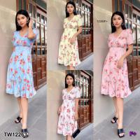 ราคา J12263 Maxi Dress แม็กซี่เดรสลายดอกกุหลาบ แต่งกระดุมมุก #BoRichTa (7431785545)