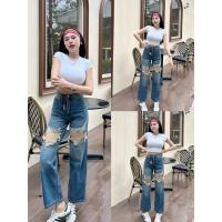 ราคา (S-XL) กางเกงยีนส์สีสนิมฟอก ผ้าไม่ยืด แต่งขาดเซอร์ Atom jeans (26435719634)