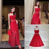 ราคา MJ004 Size L MERJES BRAND ชุดเซตผ้าลูกไม้สีแดง เสื้อสายเดี่ยวทรงสั้น + กระโปรงยาวทรงบาน [2PM] Women (24990936468)