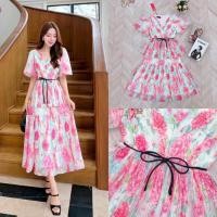 ราคา W040 เดรสพลีทลายดอกกุหลาบสีชมพู เดรสสวยหวาน Widelia (40810411485)