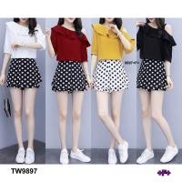 ราคา MM9897 Set เสื้อสายเดี่ยวไหล่เดียว + กางเกงกระโปรงลายจุดSet 2 ชิ้น เสื้อแขนศอก แต่งระบายเฉียง สายเดี (24679211730)