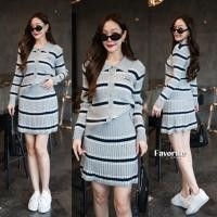 ราคา Knit Stripe Collar Long Sleeve Top&Pleat Short Skirt Set (42076586507)