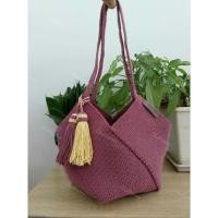 ราคา กระเป๋าถักสะพายข้างใบใหญ่ สีม่วงกะปิ พู่ห้อย (27563856769)