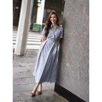 ราคา เดรสยาวคอปกแขนสั้นลายทางสีฟ้า แต่งปกกระเป๋าด้านหน้า (ticha) (45051179065)