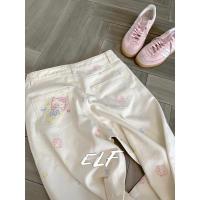 ราคา ELFwoo เสื้อผ้าผู้หญิงสไตล์เกาหลี คิตตี้ แมว ปักกางเกงยีนส์สีขาวเอวกว้างเอวสูง (42904175473)