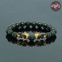 ราคา หินหยกพม่าแท้ 100% โทนเข้ม Jade ขนาด 9 มิล ปี่เซียะเปลี่ยนสีคู่ สีทอง เจ้าแห่งหินมีค่า เสริมความมั่งคั่งร่ำรวย หยกเขียว (6959123946)