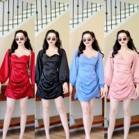 ราคา พร้อมส่ง เดรสออกงานผ้าซาร่าแขนยาวปาดไหล่สม็อคหลังอกทรงหัวใจแต่งจีบข้างพร้อมสายผูกเอว (E33,E34) A2955 (24280192932)