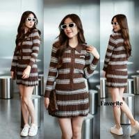 ราคา Knit Stripe Long Sleeve Top&Pleat Short Skirt Set (40074083218)