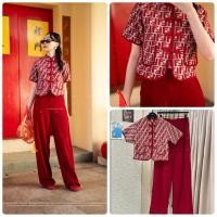 ราคา Vshop #0101-1 Set เสื้อกี่เพ้าแขนสั้นผ้าทอ +กางเกงขายาวผ้าพื้น (56204793017)
