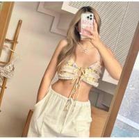 ราคา เสื้อบราครอปสีเหลืองลายดอกทิวลิปม่วงแต่งลูกไม้ที่สายและตัวบรา (27891567856)