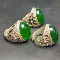 ราคา แหวนเงินทิเบต Miao แหวนเงิน Yang แหวนหยกสีเขียวฝังแหวนอาเกตสีเขียวเงินทิเบตสไตล์คู่ YBL1.20 (53454956908)