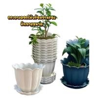 ราคา กระถางพลาสติก ทรงดอกไม้ พร้อมจานรอง มีให้เลือกหลายสี พร้อมส่ง (29708137912)
