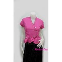 ราคา เสื้อทำงานผ้าไทยสีชมพูเสื้อผ้าฝ้ายสีชมพู (622554591)