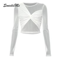 ราคา SweeticMe เสื้อสตรีแฟชั่นใหม่สีทึบเซ็กซี่ Knot ตาข่าย Slim Fit แขนยาวดูผ่านเสื้อยืด (24751518914)