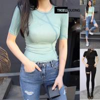 ราคา เสื้อยืดคอกลมผู้หญิงเข้ารูปเสื้อยืดผ้ายืดเข้ารูปผู้หญิงฟรีไซส์ภายใต้55กิโลกรัม- trieuduong08 (25129640564)