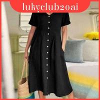 ราคา ชุดเดรสผ้าลินินสายยาวพร้อมคอวีแขนสั้นสําหรับแฟชั่นทุกวัน (52055150650)