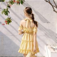 ราคา เข้ามาใหม่ ขายดี จำนวนจำกัด มินิเดรสเกาะอกผูกต่อแขน มีเชือกโบว์คอ ลายสก๊อตสีเหลือง (1942317447)