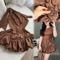 ราคา เดรสบานปาดไหล่ผูกโบว์ไหล่เอวดอกไม้หลังม็อกเนื้อผ้าไหมทับทิมสวยเหมือนแบบ (49054450998)