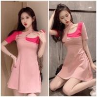 ราคา มินิเดรสทูโทน เดรสลายพื้นสีชมพู สายไขว้ ผ้ายืดเข้ารูป (8692990963)
