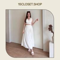 ราคา ชุดเซตเสื้อครอปคอวีแขนกุด งานโชว์หลัง+กระโปรงยาวแต่งจับจีบด้านหน้า (19484249190)