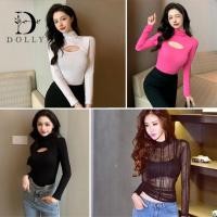 ราคา เสื้อยืดแขนยาวผู้หญิงเซ็กซี่ เสื้อคอเต่ารัดรูปแขนยาวเว้าอกสีพื้น ขนาดฟรีไซต์ พร้อมส่ง (17933165021)