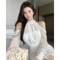 ราคา ชุดเดรสแขนยาวสีขาว ชุดเดรสเซ็กซี่ เปิดไหล่ แฟชั่นเกาหลี ชุดเดรสผ้าชีฟองใหม่ (27911938796)