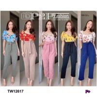 ราคา TW12617 Jumpsuit จั้มสูทขายาว แขนตุ๊กตา ตัวจั้มงานผ้าวูลเวฟ เนื้อยืดพิมพ์ดอกไม้คมชัด (3634859662)
