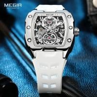 ราคา Megir 8602 นาฬิกาสปอร์ตอัตโนมัติผู้ชายสายซิลิโคนสีขาวนาฬิกาข้อมือกลพร้อม Tonneau Hollowed-out Dial (27866210752)