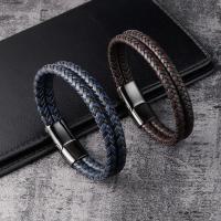 ราคา Fashion Genuine Leather Bracelet for Men Brown Black Rope Chain Stainless Steel Clasp Magnetic Punk Jewelry Cool Gift (42175847692)