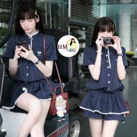 ราคา เดรสจั้มสูทผู้หญิง ชุดเซตคอปกรถไฟ แต่งลูกไม้ กระดุมทองแดง กระเป๋าโบว์ปัก และกางเกงขาสั้นถอดได้ HB980 (27954125407)