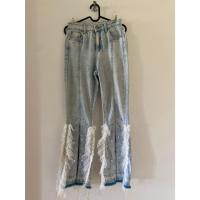 ราคา GD Jeans กางเกงยีนส์ขาม้าเล็ก ผ่าหน้า เอวสูง สีฟอก สำหรับผู้หญิง รอบเอว: 26 นิ้ว ปลายขาแต่งมุก&ผ้ามุ้ง มือสอง (27158706981)