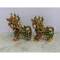 ราคา สิงห์คู่ไม้แกะสลักแต่งเดินเส้นประดับกระจก 6 นิ้ว#สิงห์คู่ไม้ (29525567771)