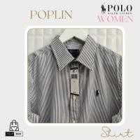 ราคา [New_ของแท้%_พร้อมส่ง]_Polo Ralph Lauren-WOMEN-เสื้อเชิ้ต Poplin ลายทางเล็กเทา ปักม้าเล็กกรมท่า ไซส์ผู้หญิง Classic Fit (28581890583)