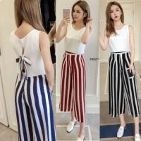 ราคา Set 2 ชิ้น เสื้อแขนกุดผูกโบว์หลัง+กางเกงขา 6 ส่วนลายริ้ว (1898034902)