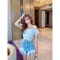ราคา กางเกงยีนส์ขาสั้นเอวสูง ประดับลูกปัดและดอกไม้สีขาว ฟรุ้งฟริ้ง (19075866133)