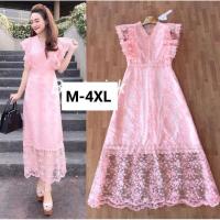 ราคา เดรสลูกไม้สีชมพู!!! M-4XL Maxi Dress เดรสสีชมพูโอรสปักลูกไม้แขนระบาย งานป้าย Love Love (5758631710)