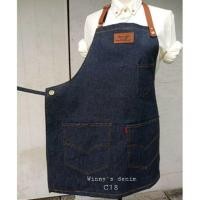 ราคา ผ้ากันเปื้อนยีนส์ รุ่นC18 สียีนส์เข้ม สายหนังคล้องคอปรับสายได้พร้อมสายยีนส์ผูกเอวเข้ารูป (2767653831)