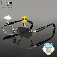 ราคา ฟรีกล่องกระจก+ผ้ากระจก Photochromic ป้องกันรังสีแว่นตาสําหรับผู้หญิงผู้ชายไม่มีขอบ Transition Frameless สี่เหลี่ยมผืนผ้าแว่นตา Shades ไม่มีกรอบแว่นตาคอมพิวเตอร์ป้องกันแสงสีฟ้า (26863850129)