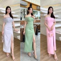 ราคา งานป้าย Stylista เดรสออกงาน เดรสยาวเปิดไหล่อกแต่งซีทรูจับย่น กระโปรงผ่าหน้าทรงสวยเป๊ะ (25090324336)