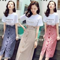 ราคา ชุดเซท Set 2 ชิ้น เสื้อยืดสีขาวผ้าคอตตอล สกรีนลาย Puberty + กระโปรงลายสก๊อต ติดกระดุมด้านหน้า เอวยางยืดหลัง (1439103877)