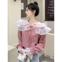 ราคา เสื้อเบลาส์ แขนยาว สีชมพู คอปกระบาย สีขาว (57502765359)