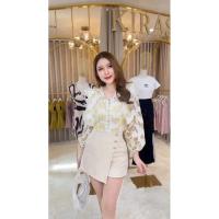 ราคา set เสื้อแขนยาวขาวลายดอกเหลือง & กางเกงกระโปรงครีม Kirasa S (24207780403)