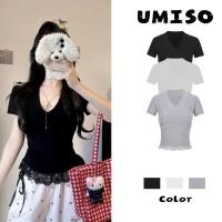 ราคา พร้อมส่ง สไตล์ใหม่ ทรงสลิมฟิต เสื้อท็อปสตรีลูกไม้เซ็กซี่ เสื้อยืดแขนสั้นคอวีหญิงสาวร้อน UMISO (40211443890)